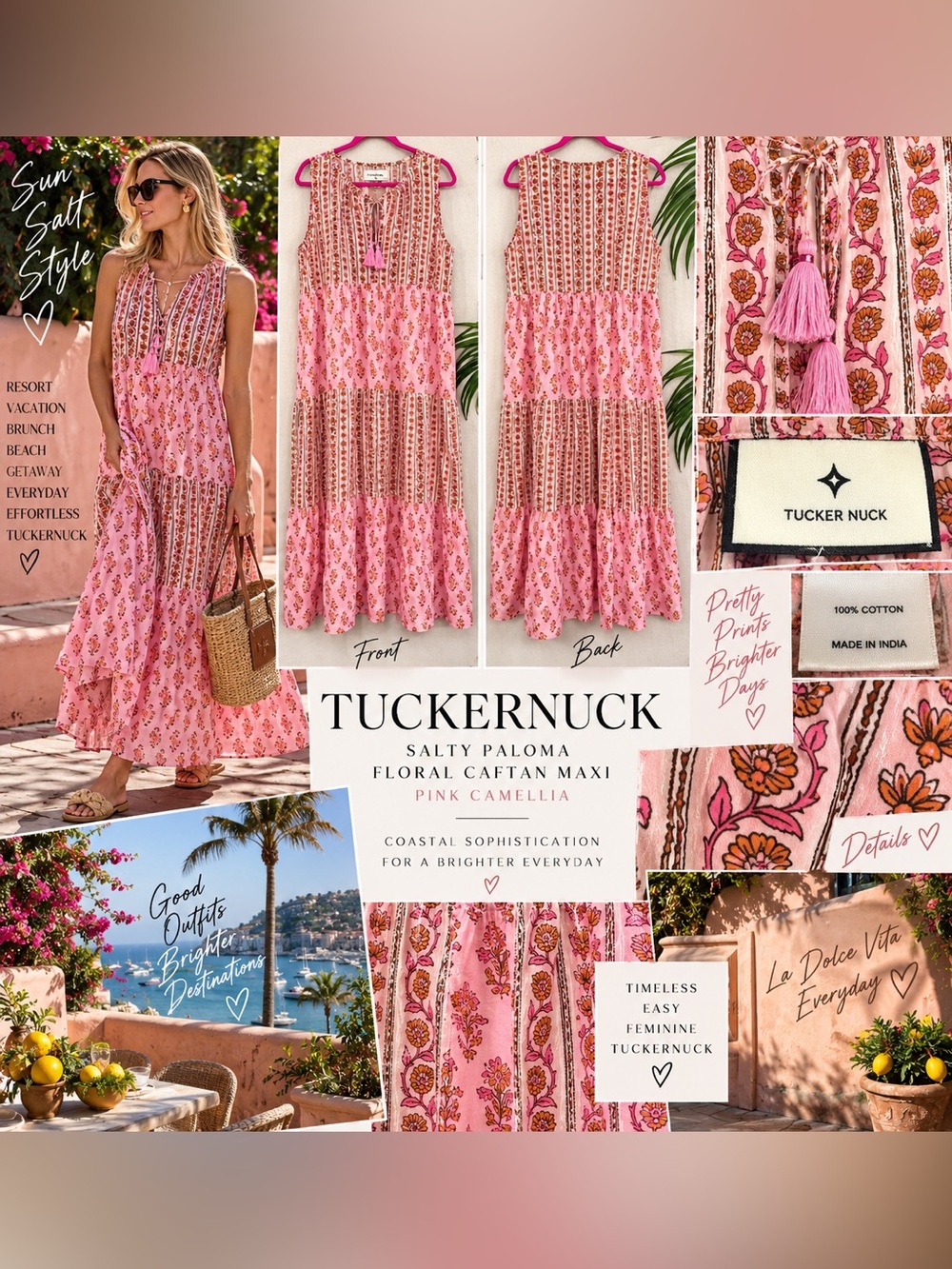 Tuckernuck Salty Paloma Pink Camellia Floral Caftan Maxi Dress Cotton EUC